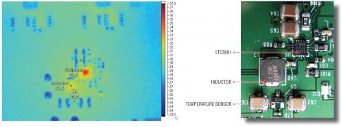 一款 DC/DC 转换器的热像显示了实际电感器温度和温度监测点之间的差别