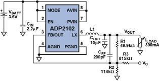 使用控制电压 VC进行ADP2102的动态电压调整