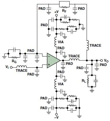 典型的运算放大器电路，（a）原设计图，（b）考虑寄生效应后的图